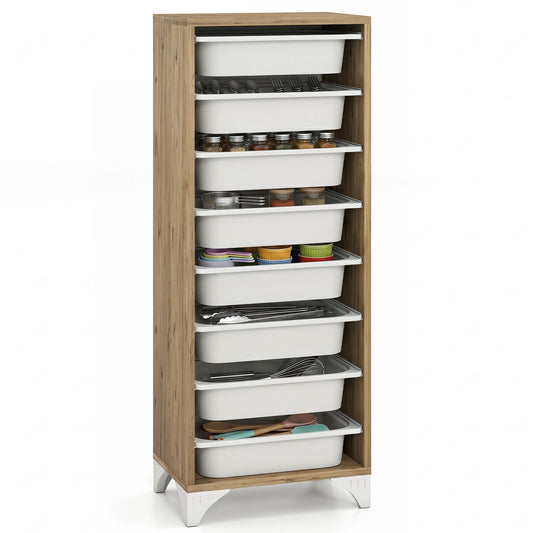 Wooden 9-tier fruit and vegetable storage rack by Wilsons Home Store, freestanding kitchen pantry organizer with multiple shelves.