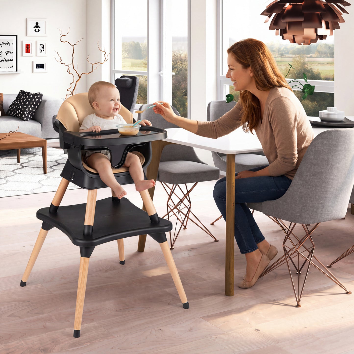 9-in-1 Convertible High Chair with Solid Wood Legs for Babies and Toddlers-Black