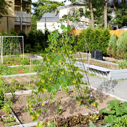 Green A-frame garden trellis with ground stake and cable ties for supporting climbing plants in outdoor gardens.