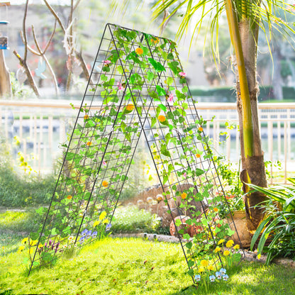 Green A-frame garden trellis with ground stake and cable ties for supporting climbing plants in outdoor gardens.