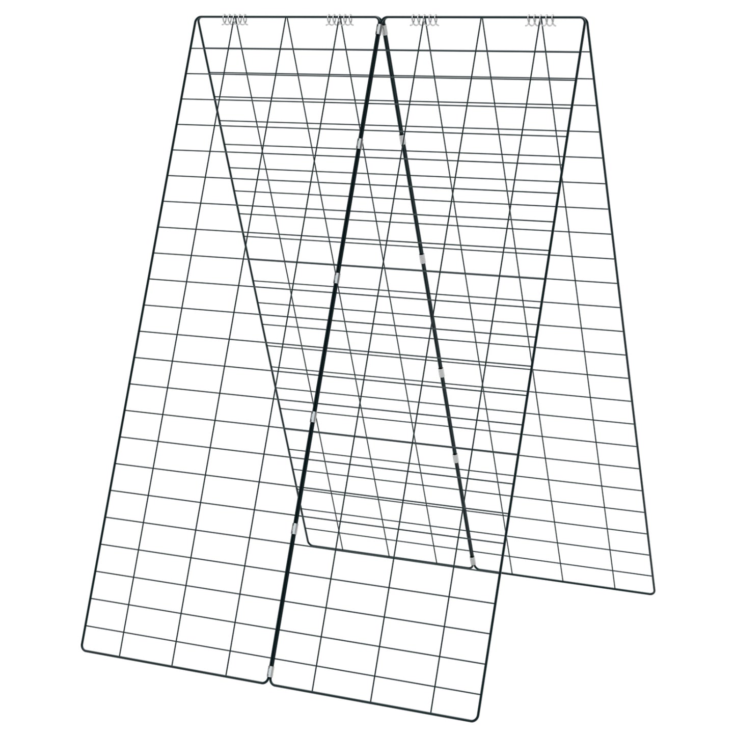 Green A-frame garden trellis with ground stake and cable ties for supporting climbing plants in outdoor gardens.