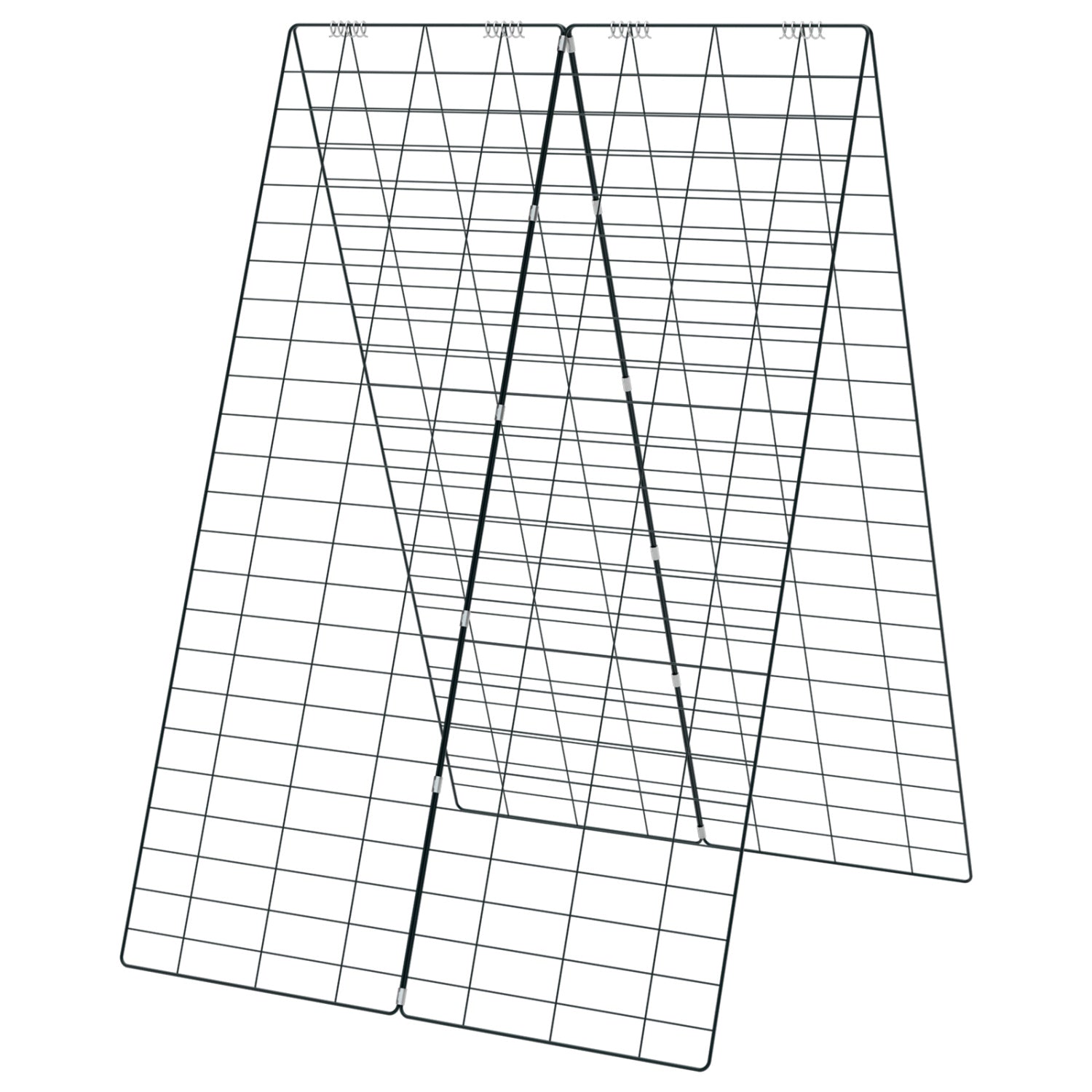 Green A-frame garden trellis with ground stake and cable ties for supporting climbing plants in outdoor gardens.