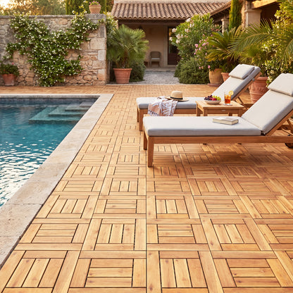 Acacia wood interlocking deck tiles for patio, balcony, backyard, or poolside, showcasing natural finish and interlocking design.