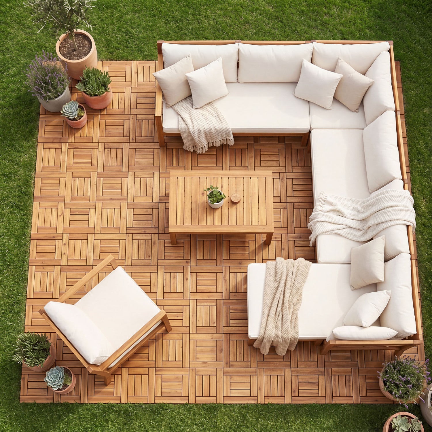 Acacia wood interlocking deck tiles for patio, balcony, backyard, or poolside outdoor decor, featuring natural wood finish.