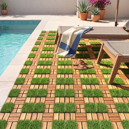 Acacia Wood Interlocking Deck Tiles with Artificial Gras-Natural