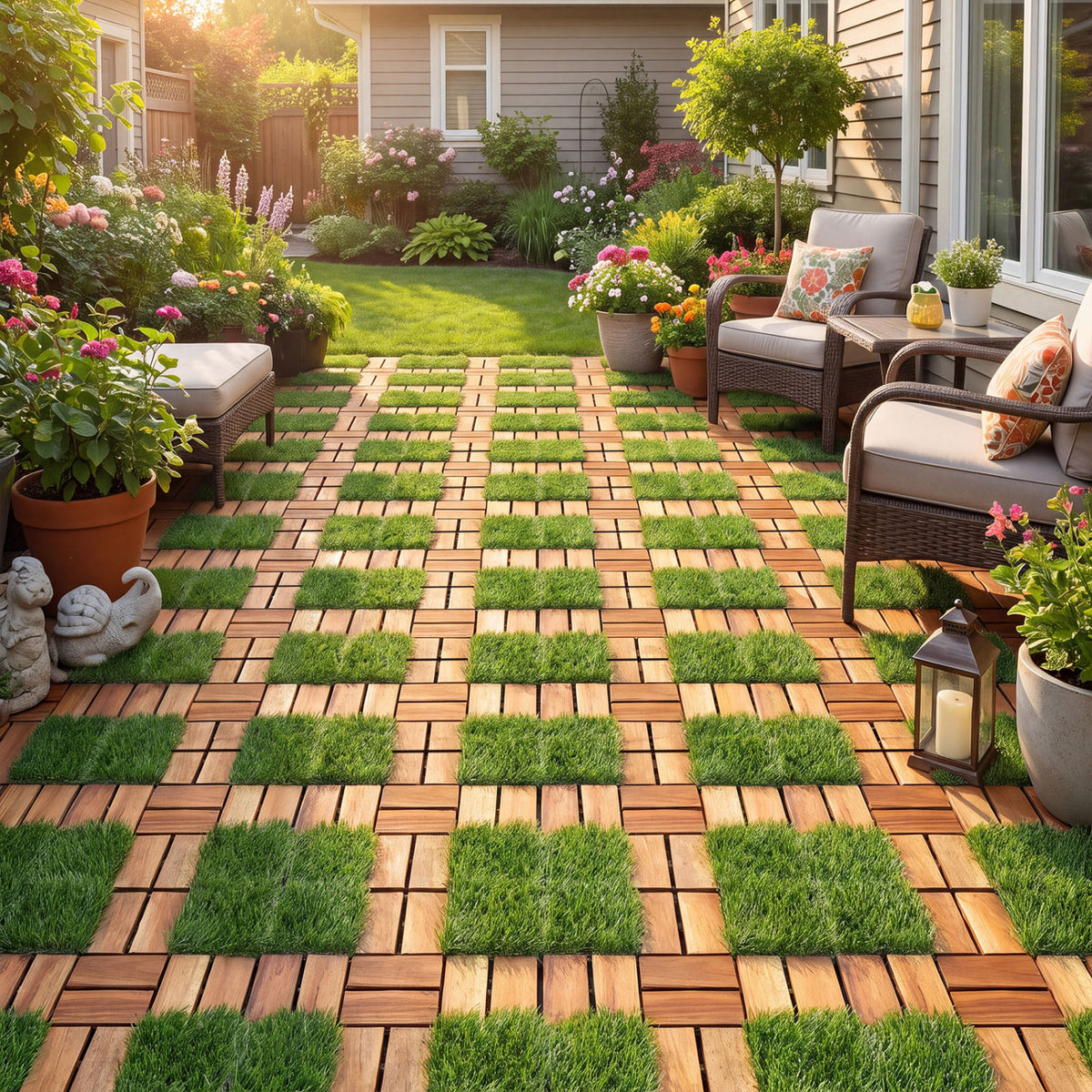 Acacia Wood Interlocking Deck Tiles with Artificial Gras-Natural