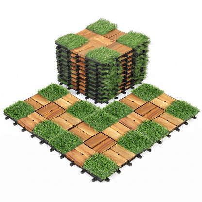 Acacia Wood Interlocking Deck Tiles with Artificial Gras-Natural
