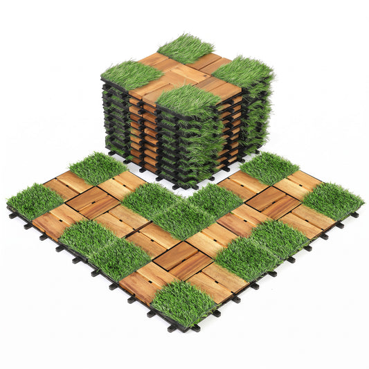 Acacia Wood Interlocking Deck Tiles with Artificial Gras-Natural
