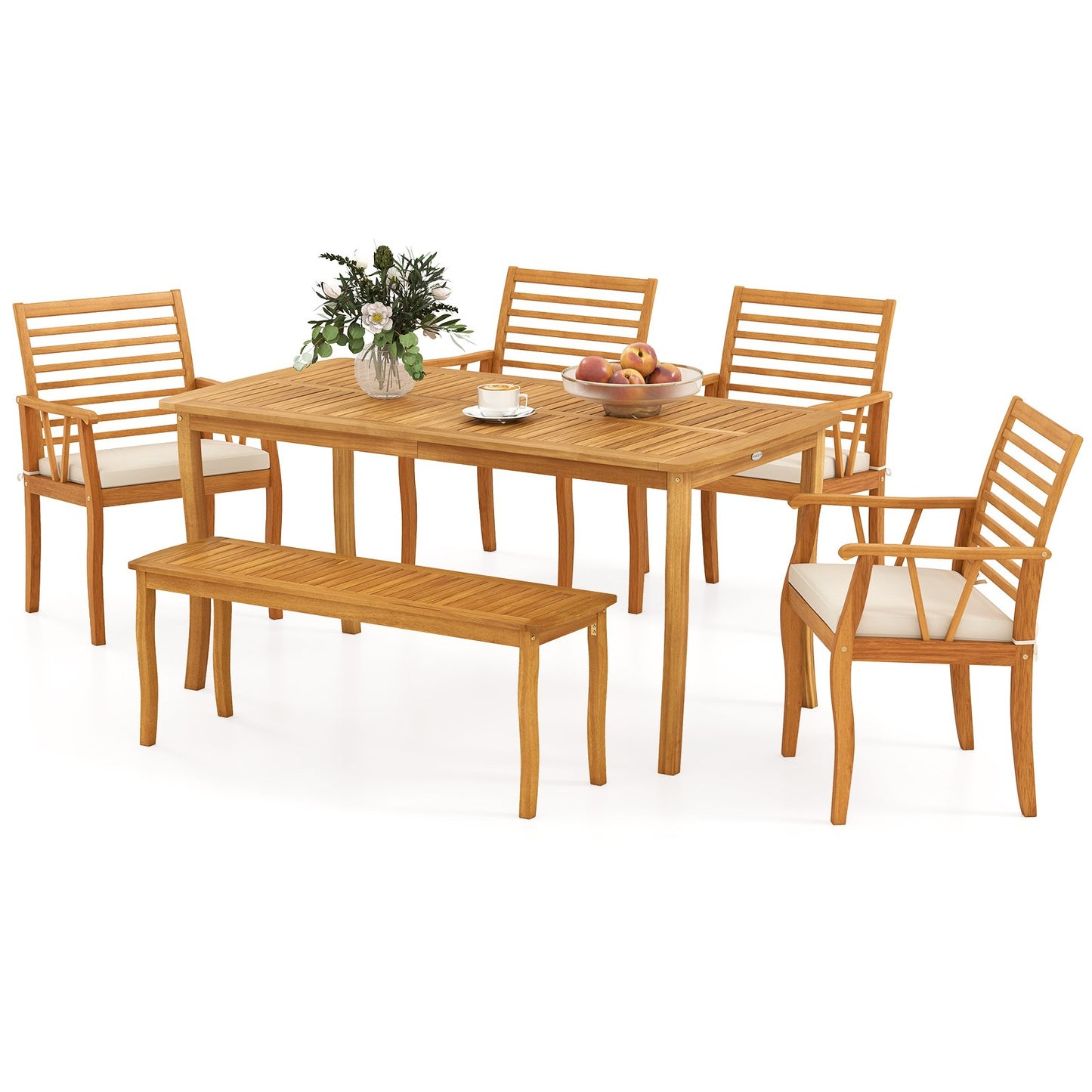 Acacia Wood Outdoor Table and Bench Chairs Set with 1.97 Inch Umbrella Hole