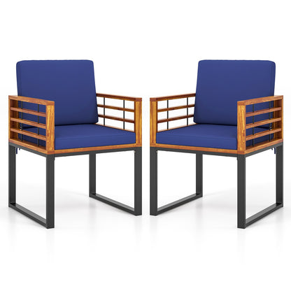 Acacia Wood Outdoor Dining Chairs Set of 2 with Soft Cushions-Navy