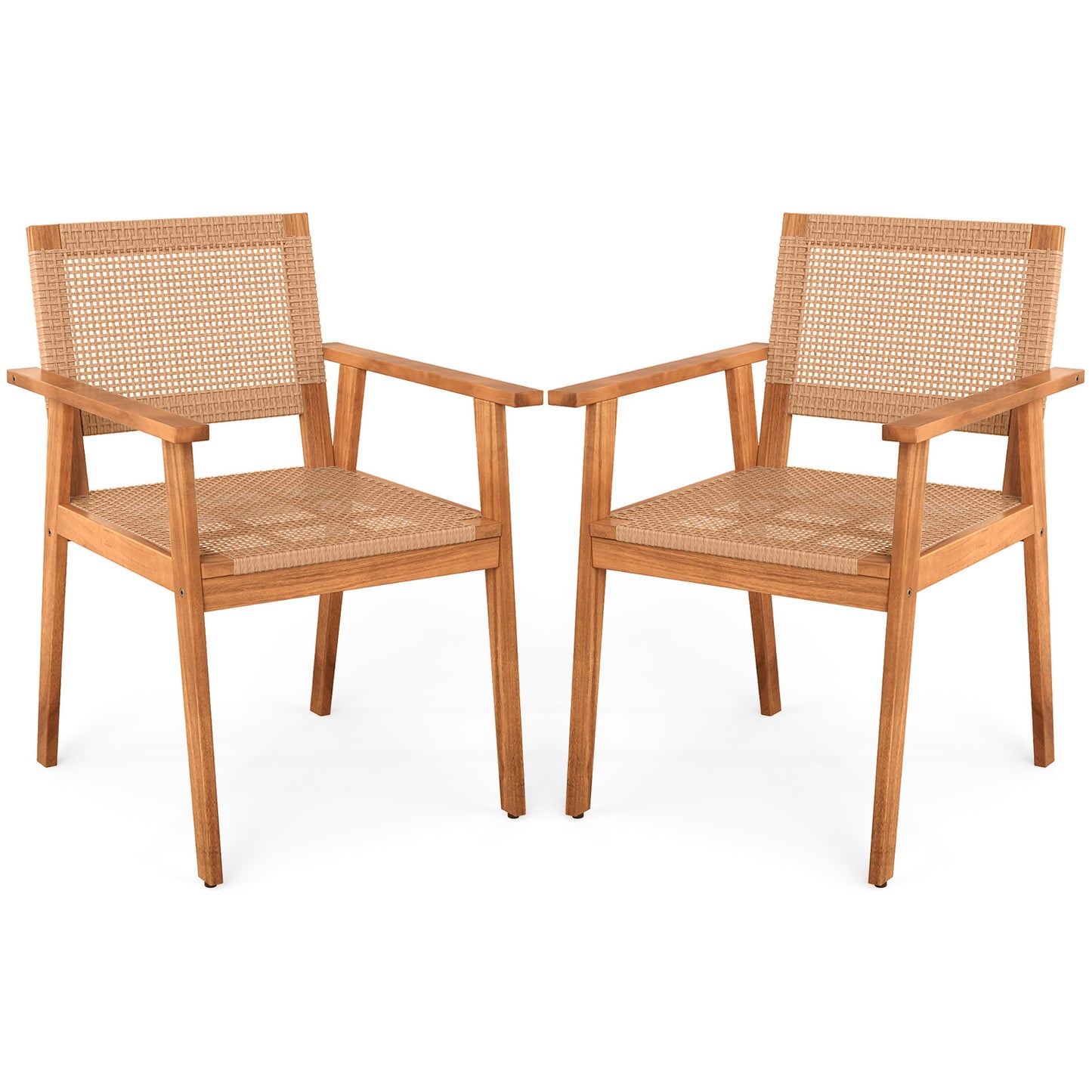 Acacia Wood Outdoor Dining Chairs Set of 2 PE Rattan Patio Chairs with Backrests and Armrests