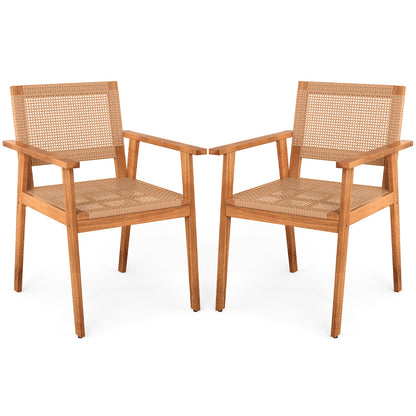 Acacia Wood Outdoor Dining Chairs Set of 2 PE Rattan Patio Chairs with Backrests and Armrests