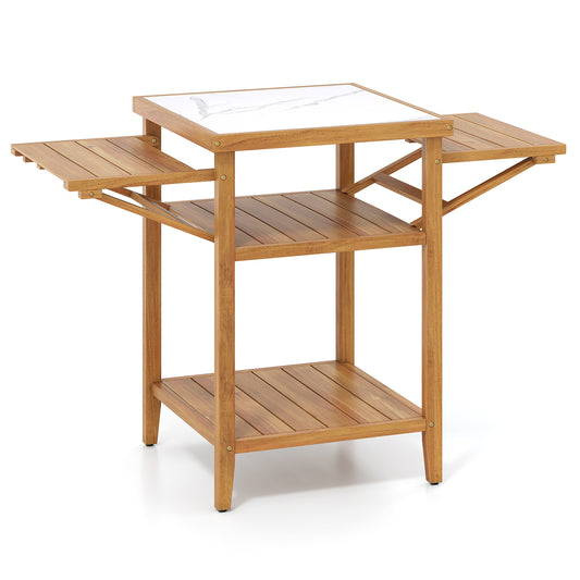 Acacia Wood Outdoor Grill Table with Faux Marble Top and Drop-Leaf Side Panels