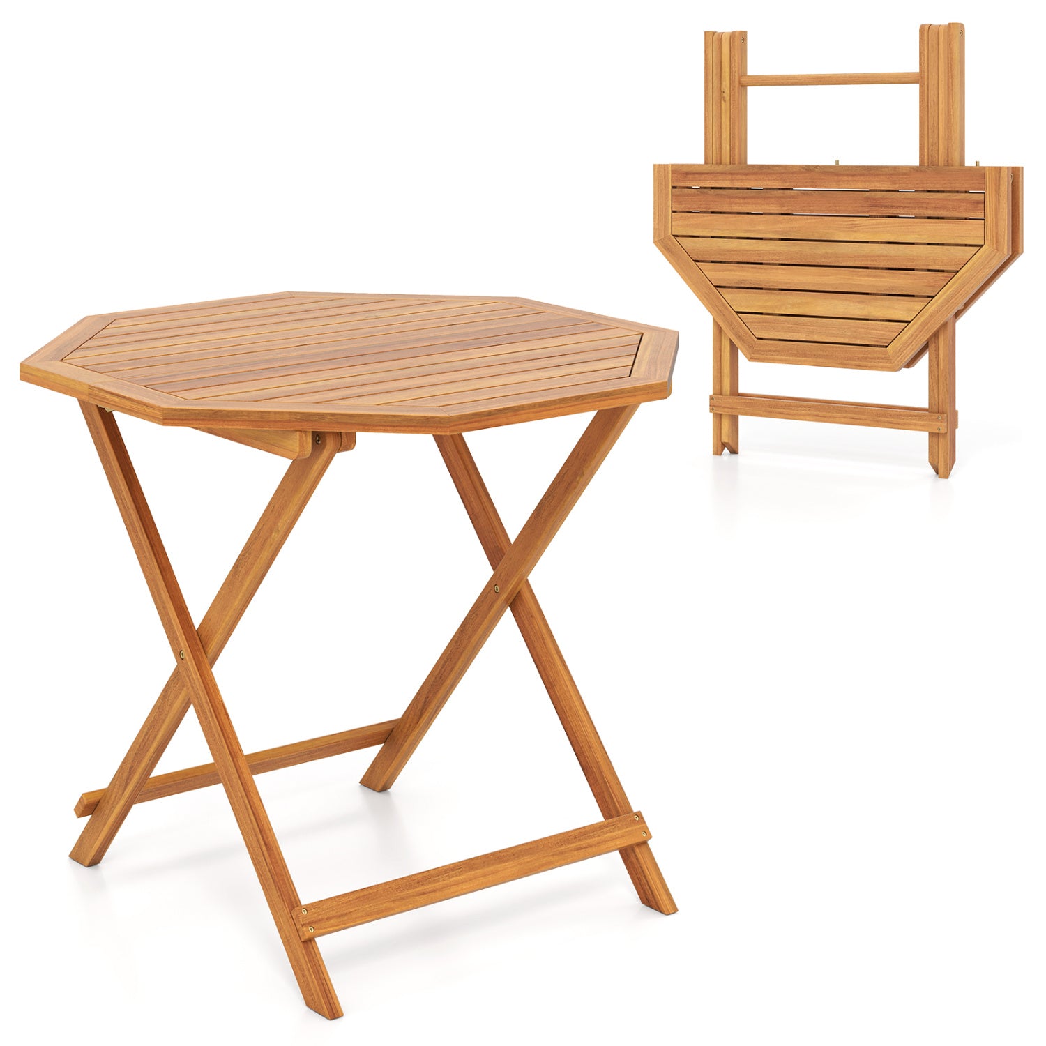 Acacia wood outdoor folding dining table for 4 with octagonal slatted tabletop, ideal for patio outdoor dining and entertaining.