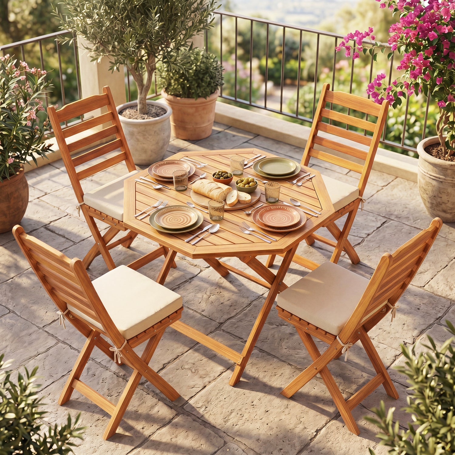 Acacia wood outdoor folding dining table for 4 with octagonal slatted tabletop, ideal for patio outdoor and patio dining furniture.