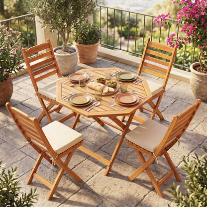 Acacia wood outdoor folding dining table for 4 with octagonal slatted tabletop, ideal for patio outdoor and patio dining furniture.