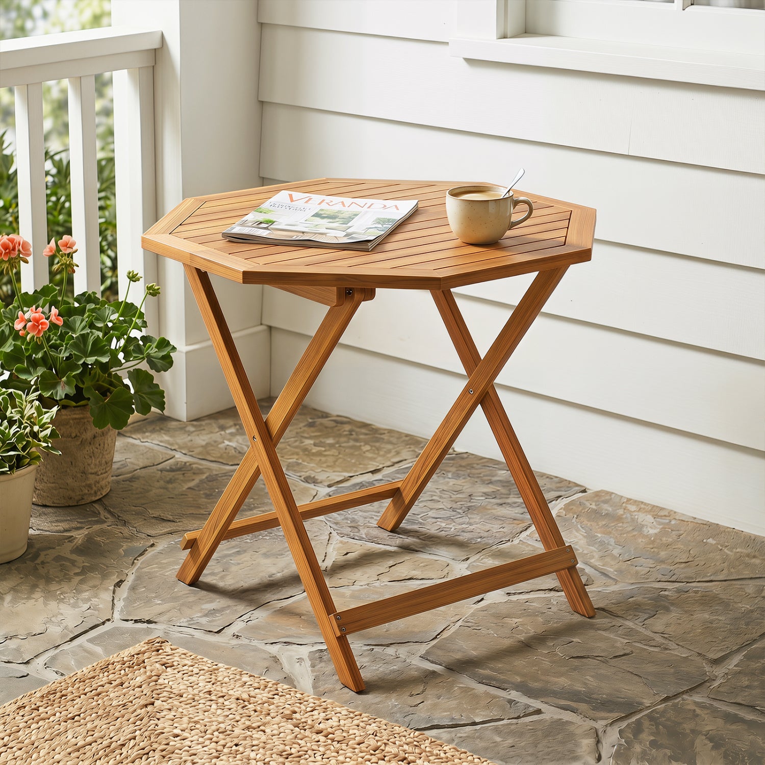 Acacia wood outdoor folding dining table for 4 with octagonal slatted tabletop, ideal for patio dining and outdoor gatherings.