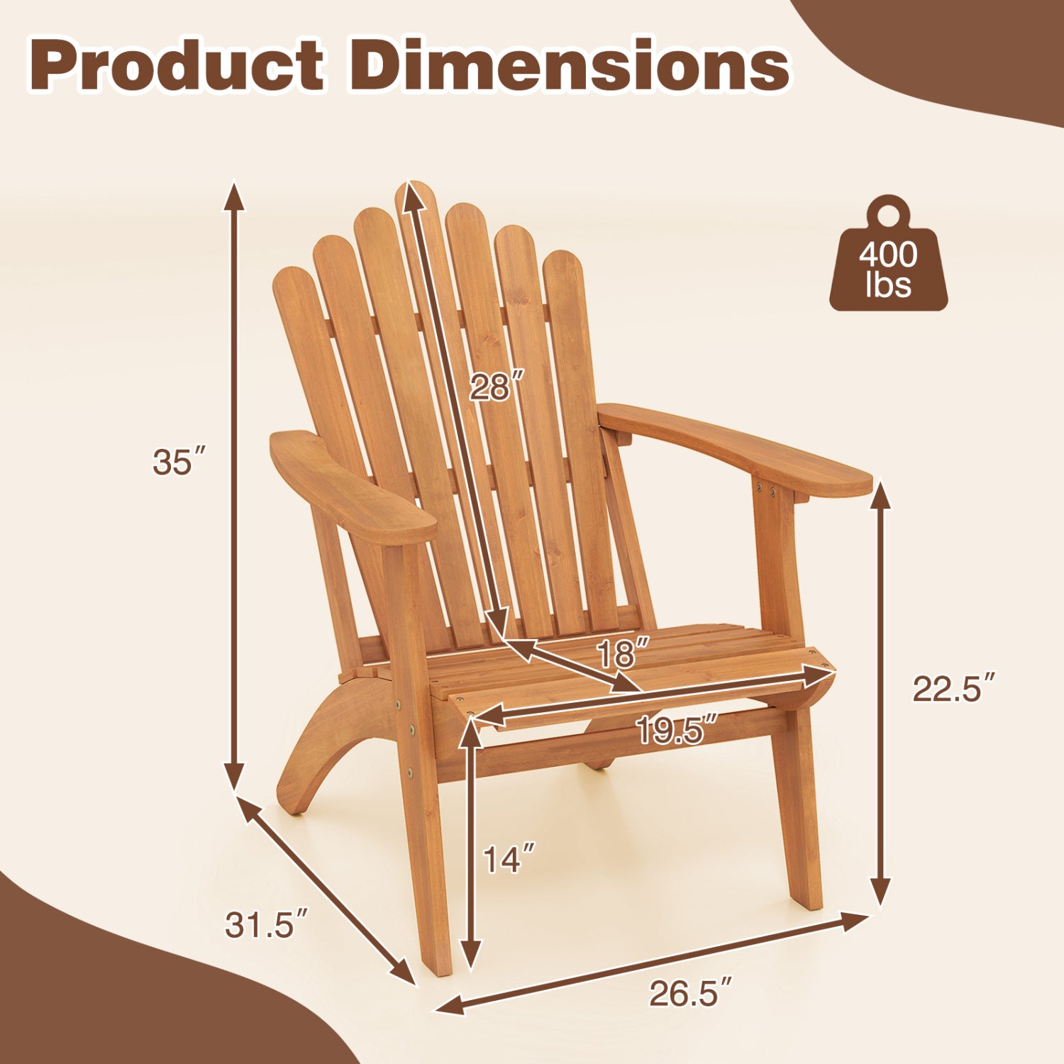 Natural acacia wood outdoor patio chair with wide armrests and slatted design, supports up to 400 lbs, perfect for outdoor seating.