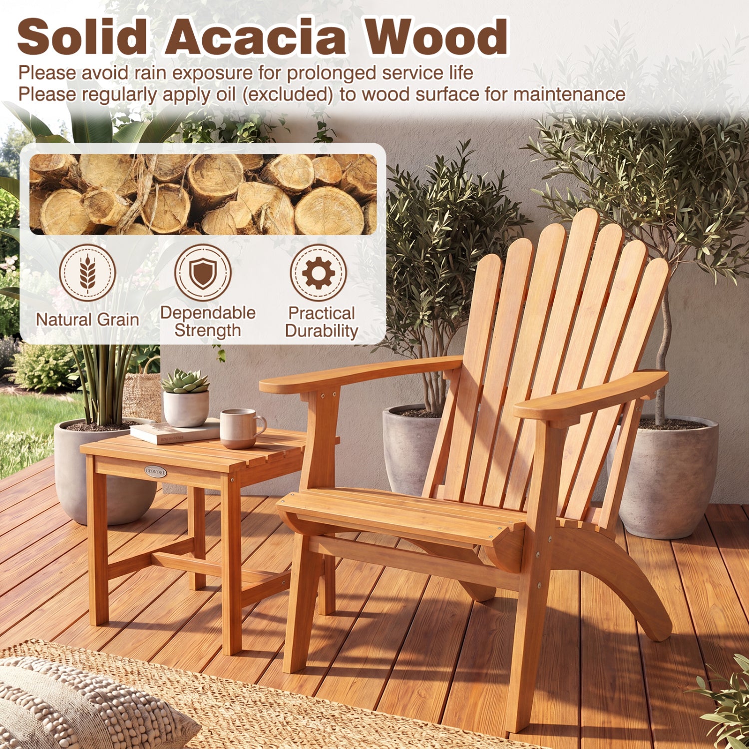 Natural acacia wood outdoor patio chair with sturdy design and 400 lbs weight capacity, perfect for outdoor seating.