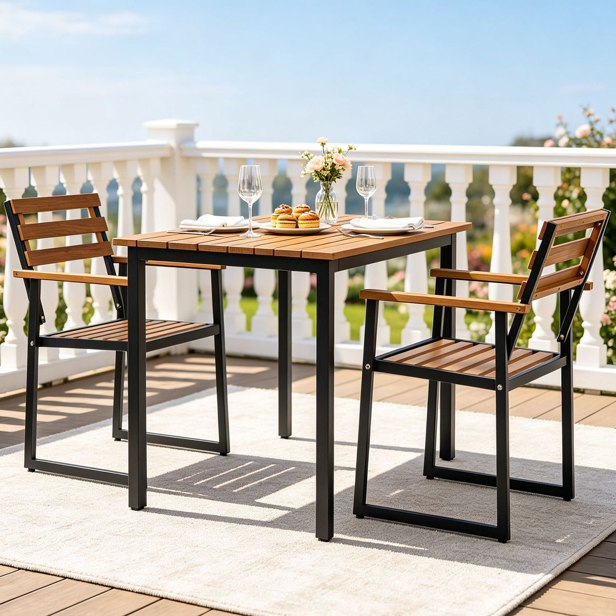 Set of two acacia wood outdoor dining chairs with heavy-duty metal frames for patio seating, styled for outdoor dining areas.