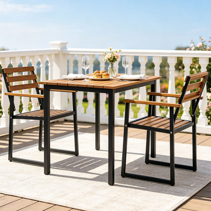 Set of two acacia wood outdoor dining chairs with heavy-duty metal frames for patio seating, styled for outdoor dining areas.