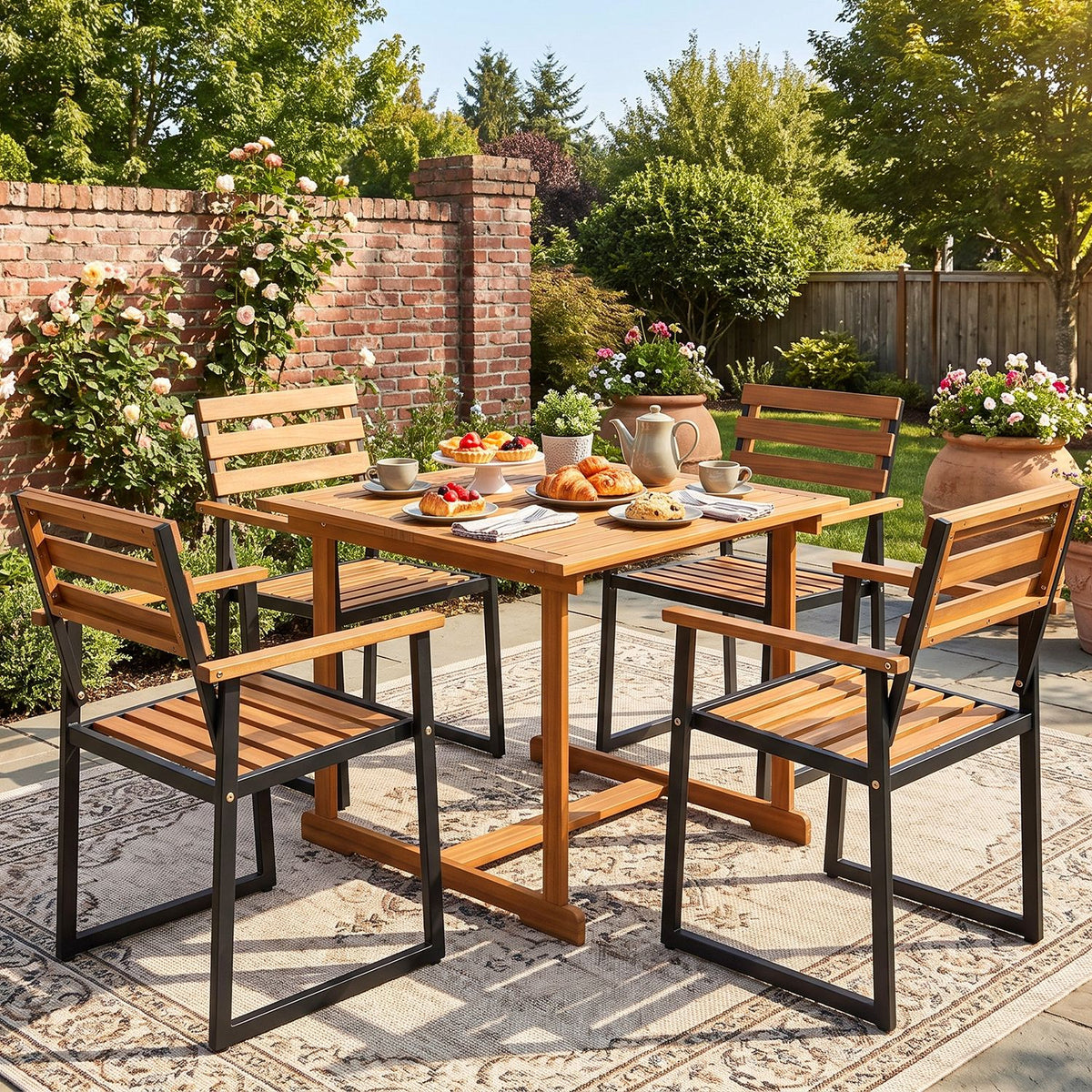 Set of two Acacia wood outdoor dining chairs with heavy-duty metal frames, perfect for patio seating and outdoor dining.