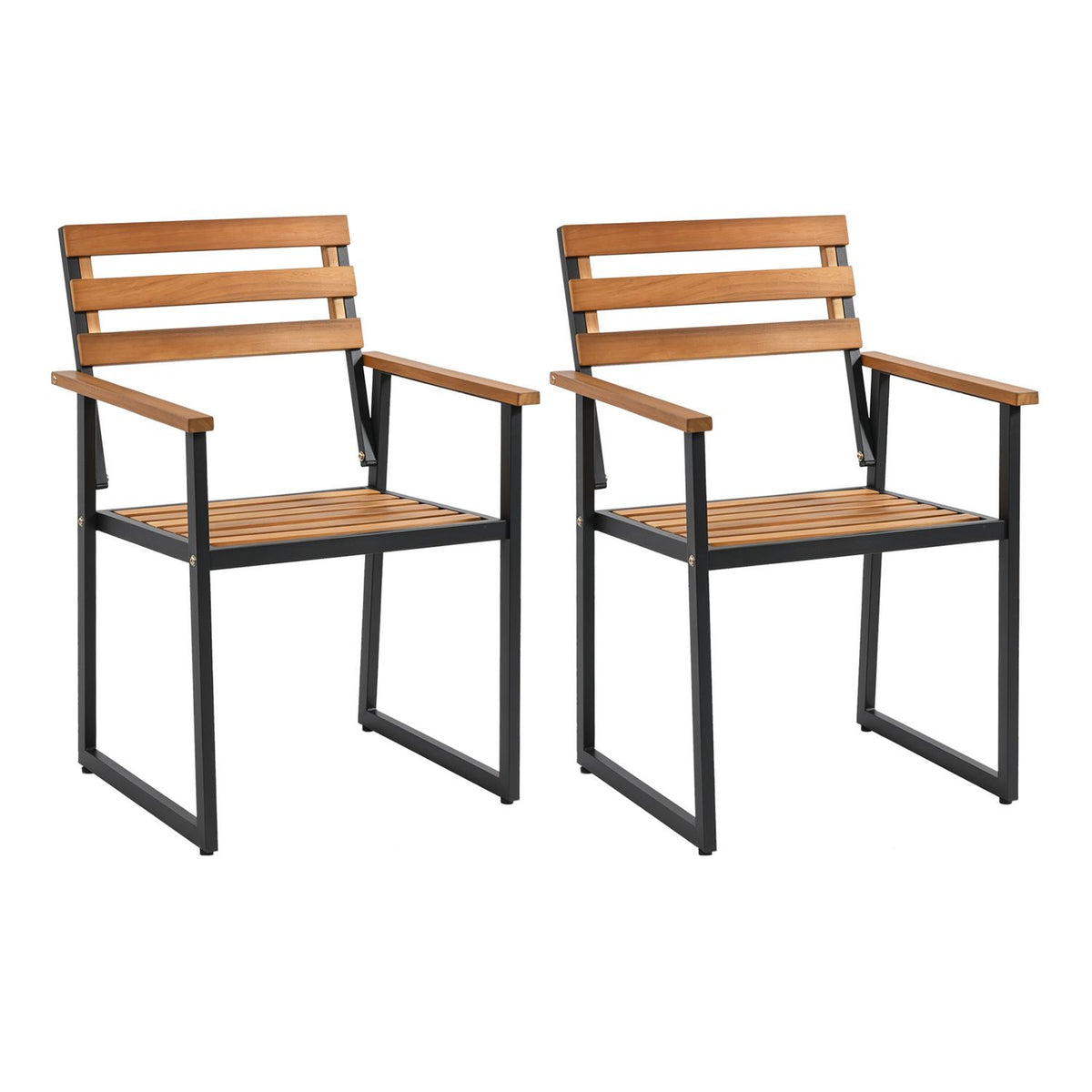 Set of two Acacia wood outdoor dining chairs with heavy-duty metal frames, ideal for patio outdoor seating.