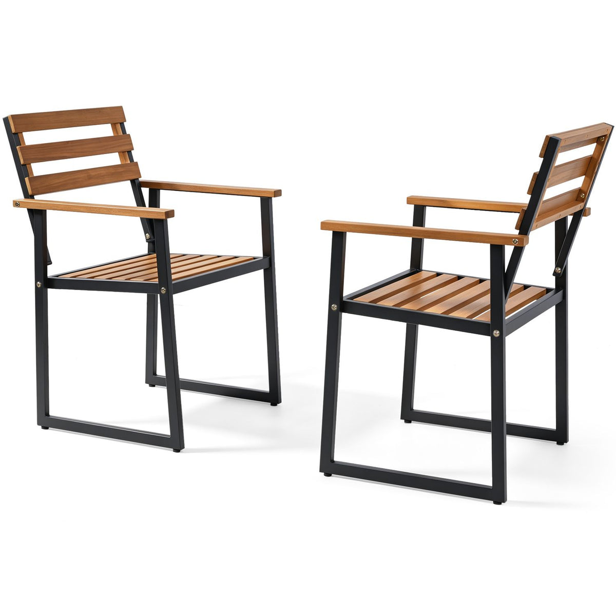 Pair of acacia wood outdoor dining chairs with heavy-duty metal frames, perfect for patio seating and outdoor dining.