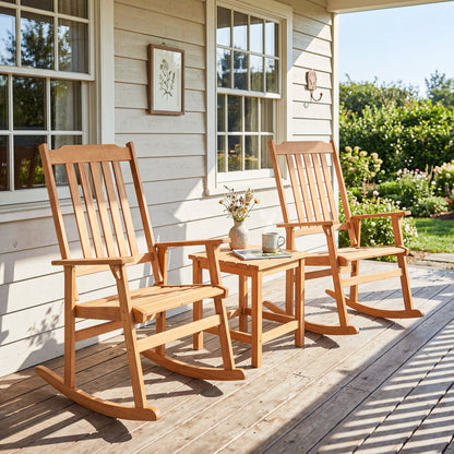 Acacia wood oversized outdoor rocking chair with high back and armrests, ideal for patio seating and outdoor relaxation.