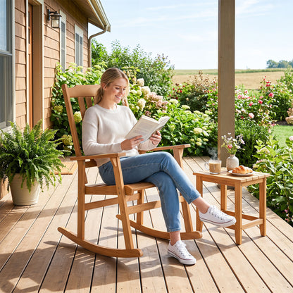 Acacia wood oversized outdoor rocking chair with high back and armrests, natural finish, designed for patio and outdoor seating.