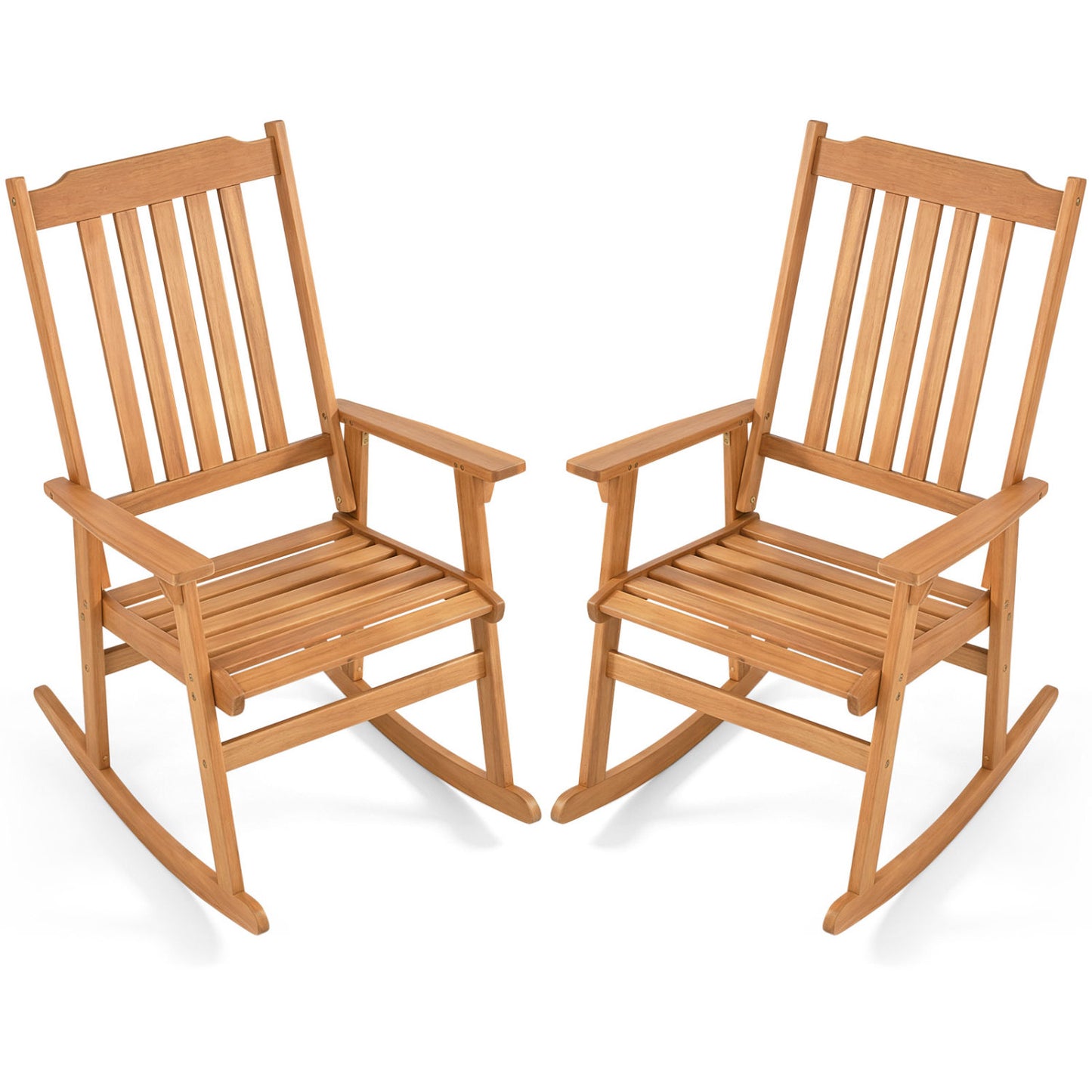 Acacia wood oversized outdoor rocking chair with high back and armrests, natural finish, patio furniture for outdoor seating.