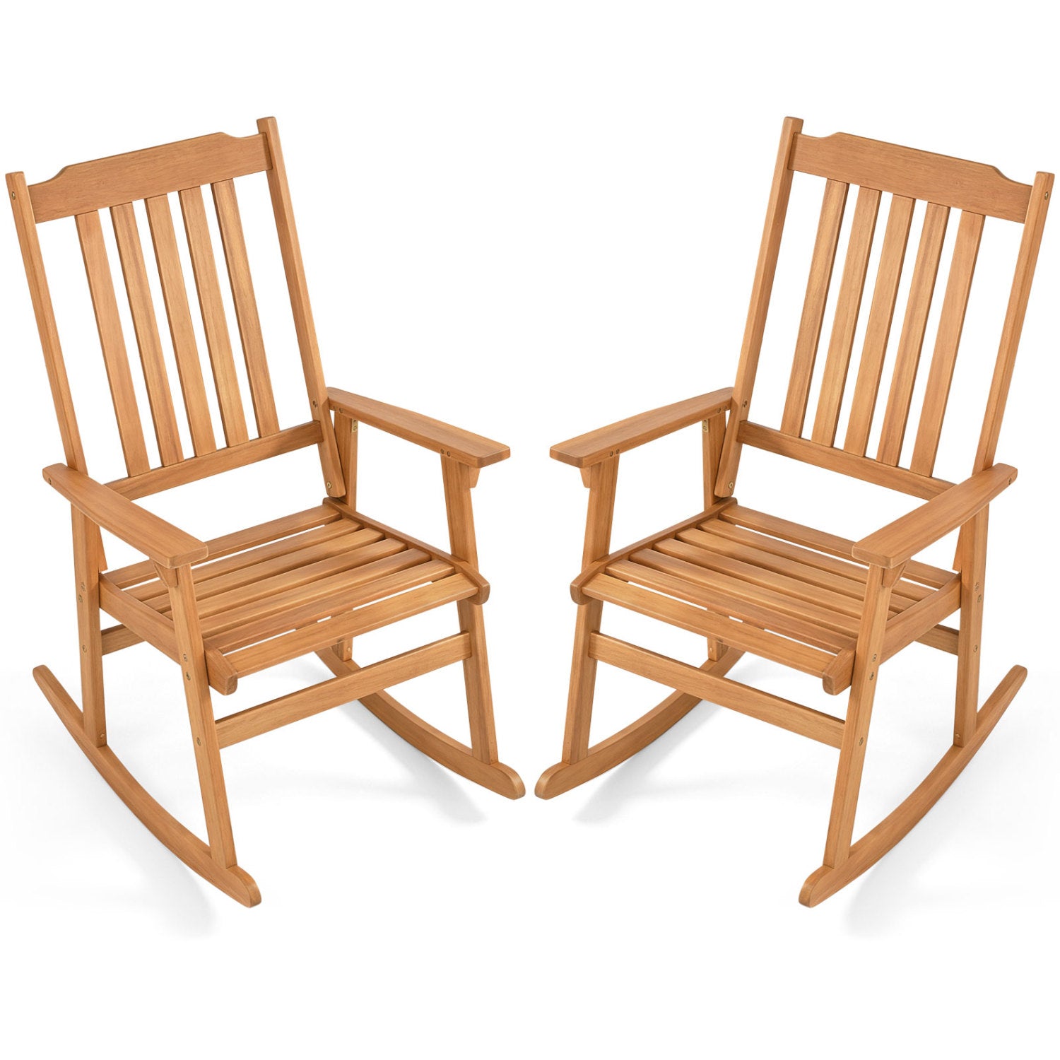 Acacia wood oversized outdoor rocking chair with high back and armrests, natural finish, patio furniture for outdoor seating.
