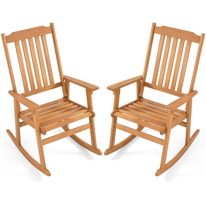 Acacia wood oversized outdoor rocking chair with high back and armrests, natural finish, patio furniture for outdoor seating.