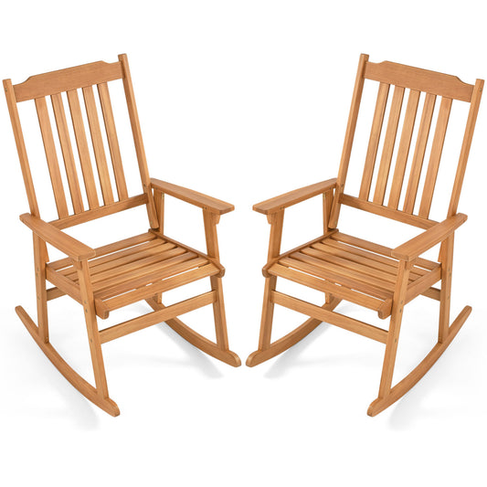Acacia wood oversized outdoor rocking chair with high back and armrests, natural finish, patio furniture for outdoor seating.
