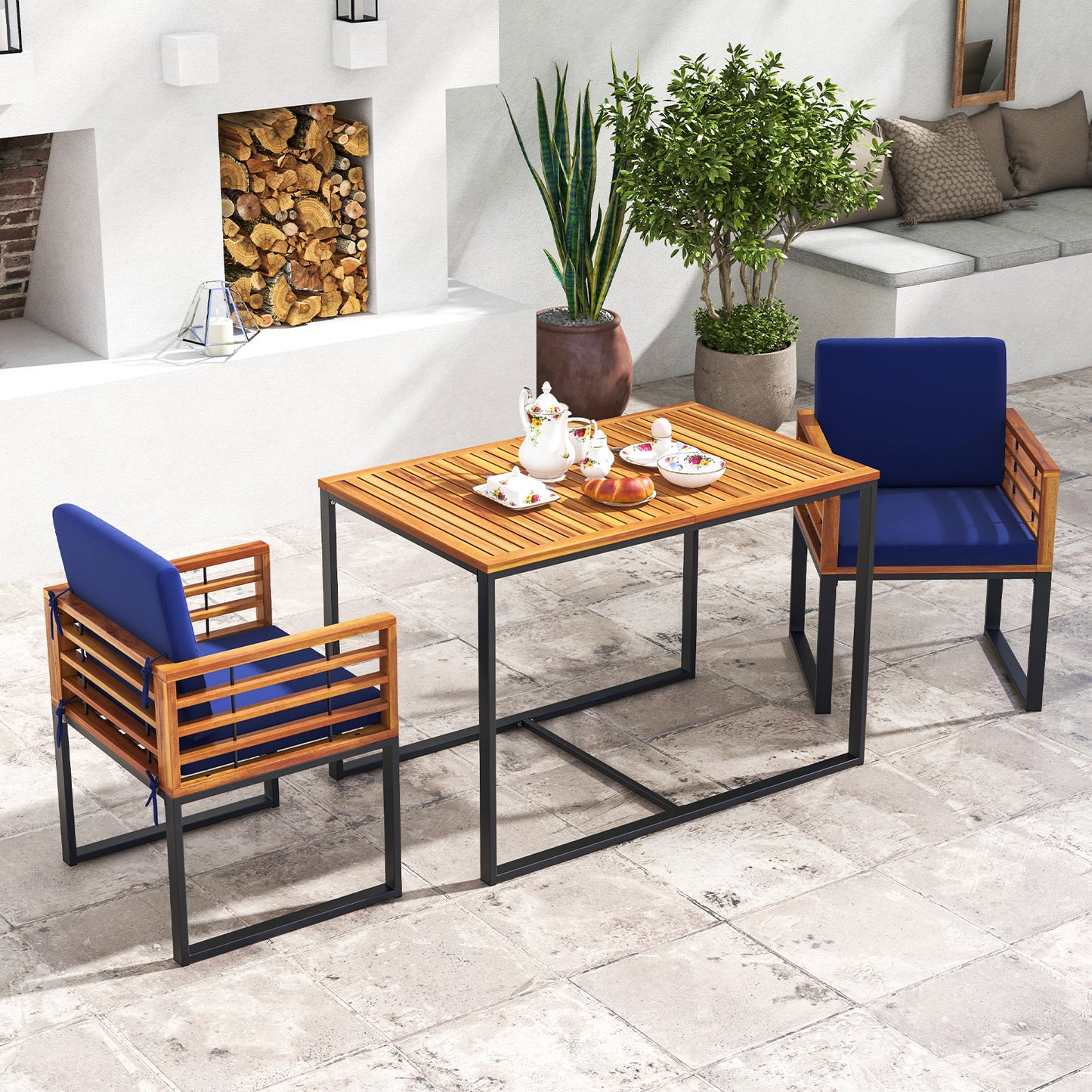Acacia Wood Patio Dining Table with Metal Frame-Navy