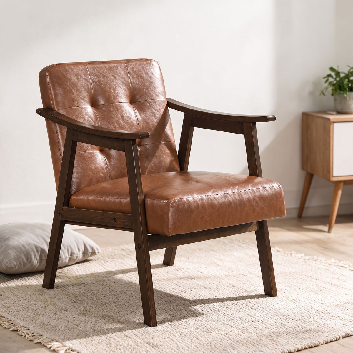 Accent Chair with Inclined Backrest Faux Leather and Soft Cushion for Living Room-Black