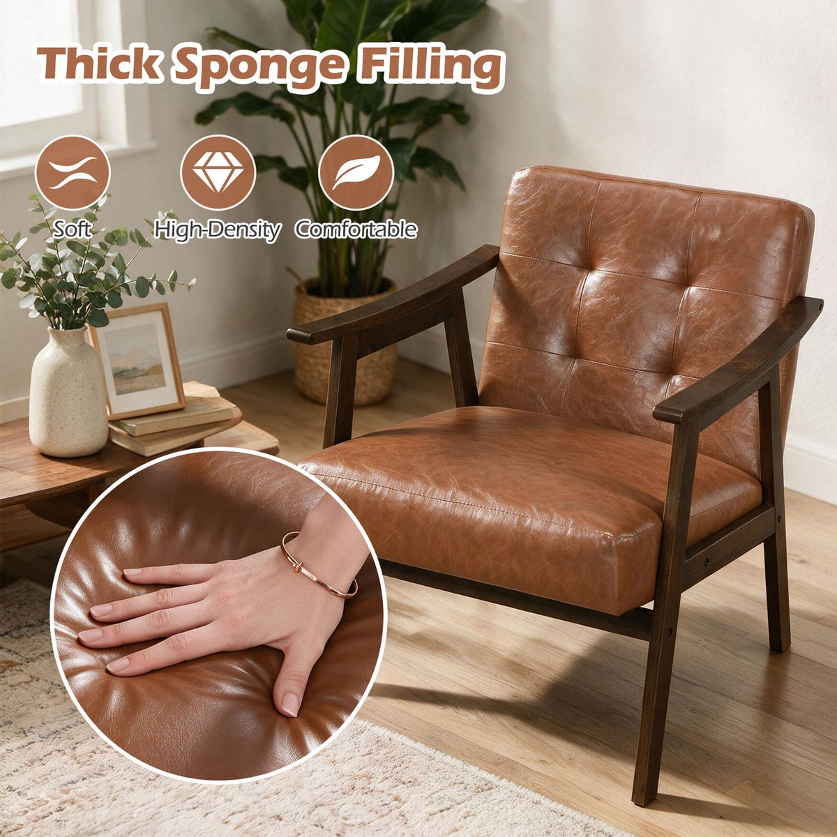 Accent Chair with Inclined Backrest Faux Leather and Soft Cushion for Living Room-Black