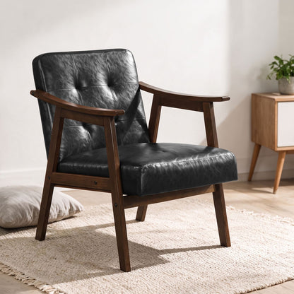 Accent Chair with Inclined Backrest Faux Leather and Soft Cushion for Living Room-Black