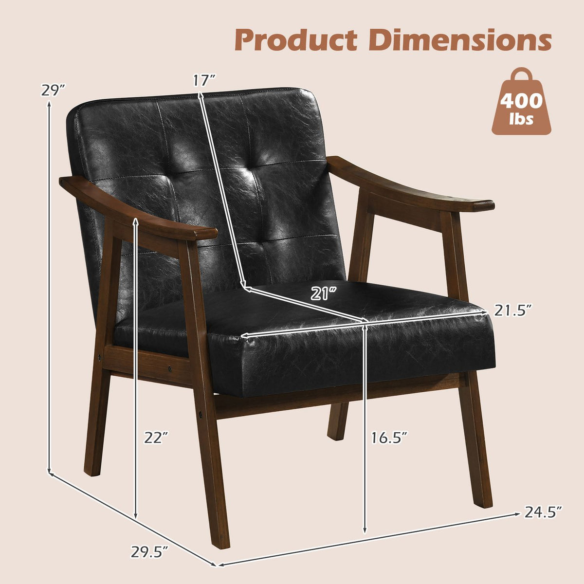 Accent Chair with Inclined Backrest Faux Leather and Soft Cushion for Living Room-Black