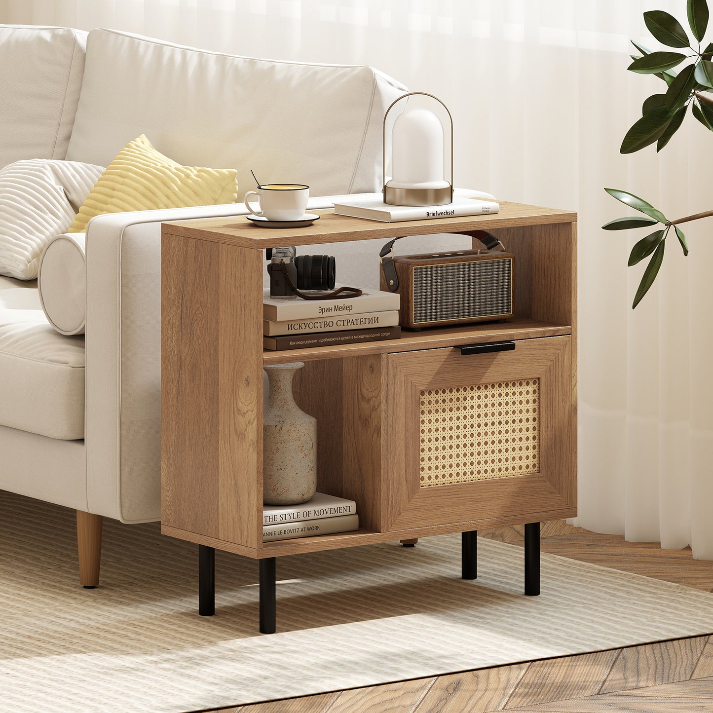 Accent Side End Table with Storage Shelf and Cabinet for Small Space-Natural