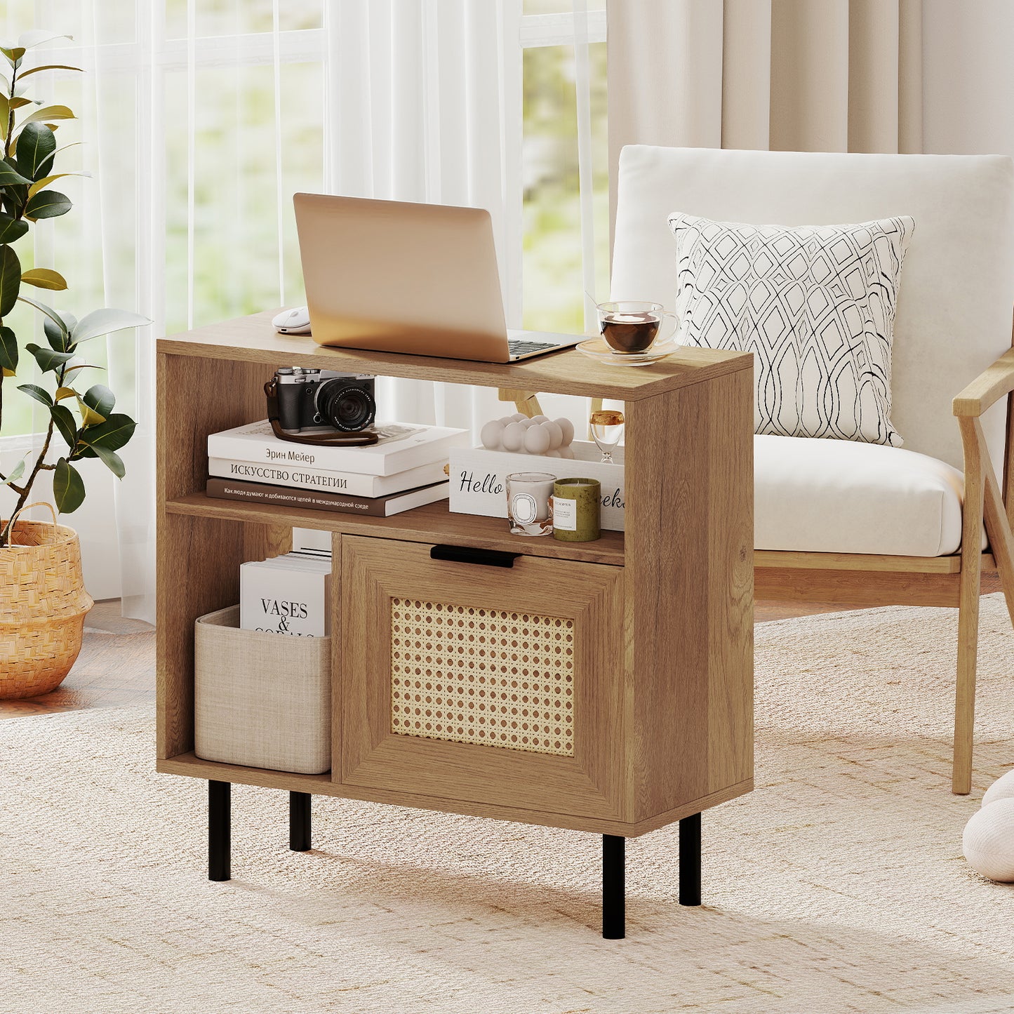 Accent Side End Table with Storage Shelf and Cabinet for Small Space-Natural