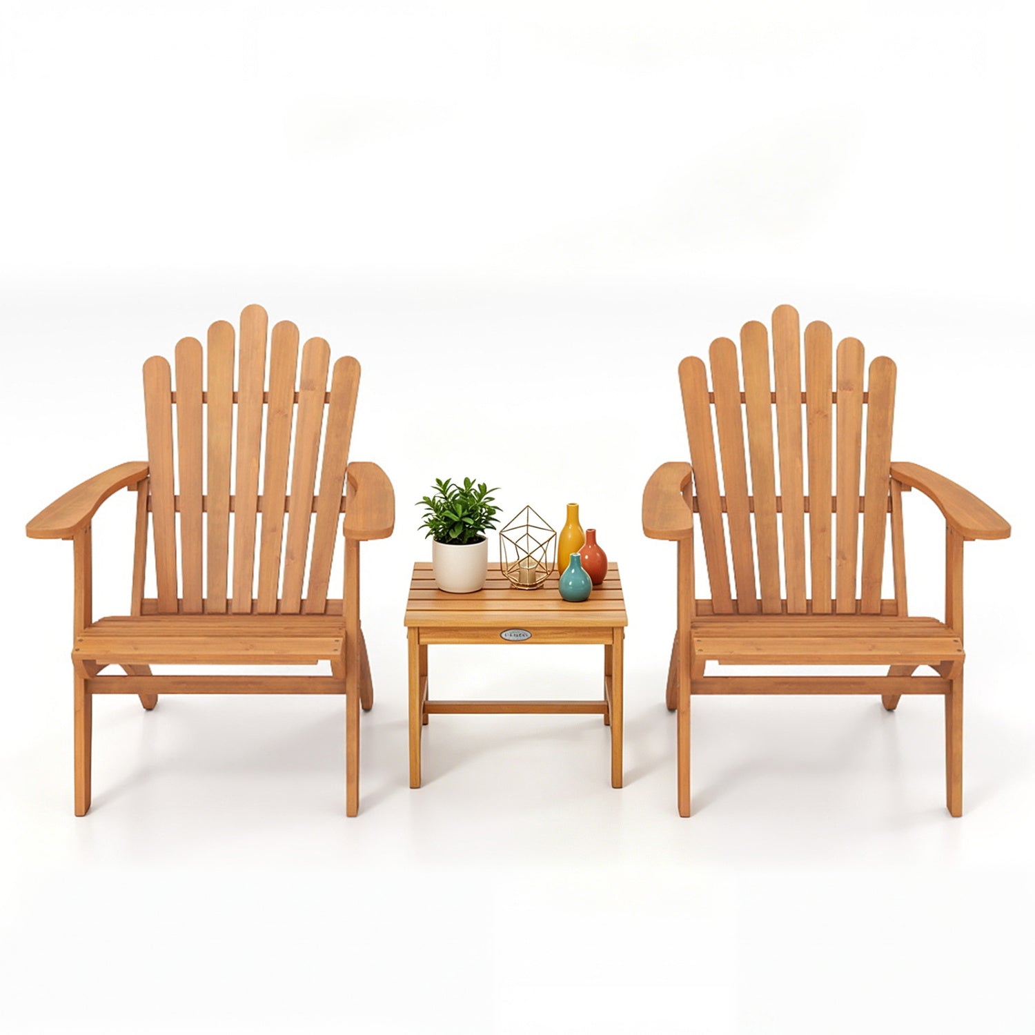 Set of two outdoor Adirondack chairs with side table, perfect for deck, garden, or porch seating and relaxation.