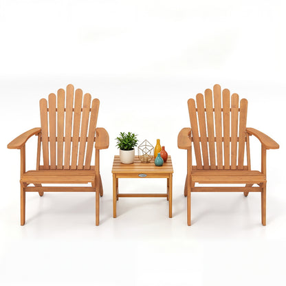 Set of two outdoor Adirondack chairs with side table, perfect for deck, garden, or porch seating and relaxation.