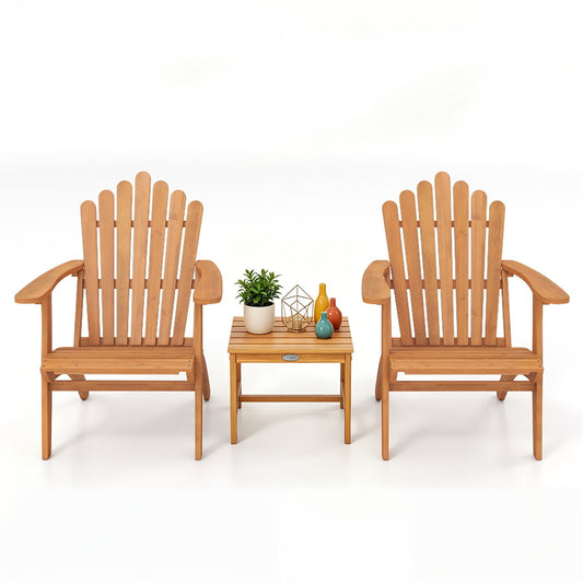 Set of two outdoor Adirondack chairs with side table, perfect for deck, garden, or porch seating and relaxation.