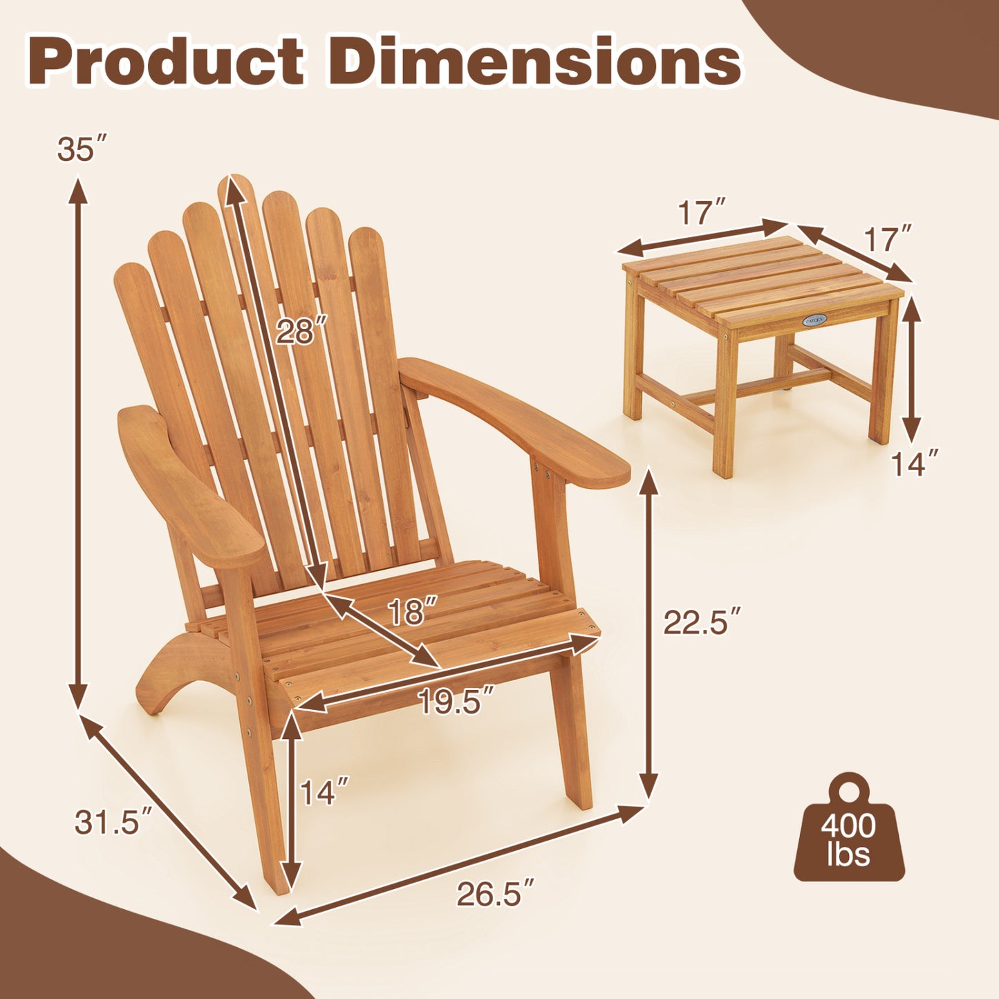 Pair of outdoor Adirondack chairs with side table from Wilsons Home Store, perfect for deck, garden, or porch relaxation.