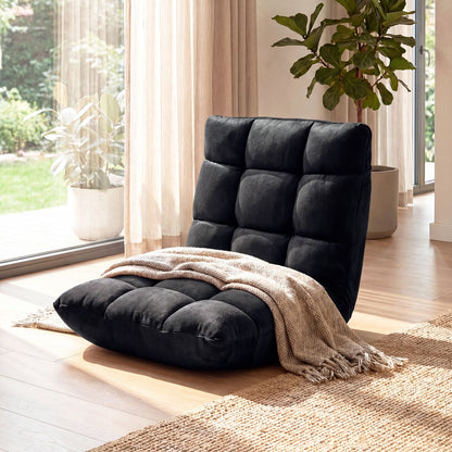 Adjustable 14-Position Floor Chair with Soft Flannel Cover and Heavy Duty Metal Support for Adults-Black