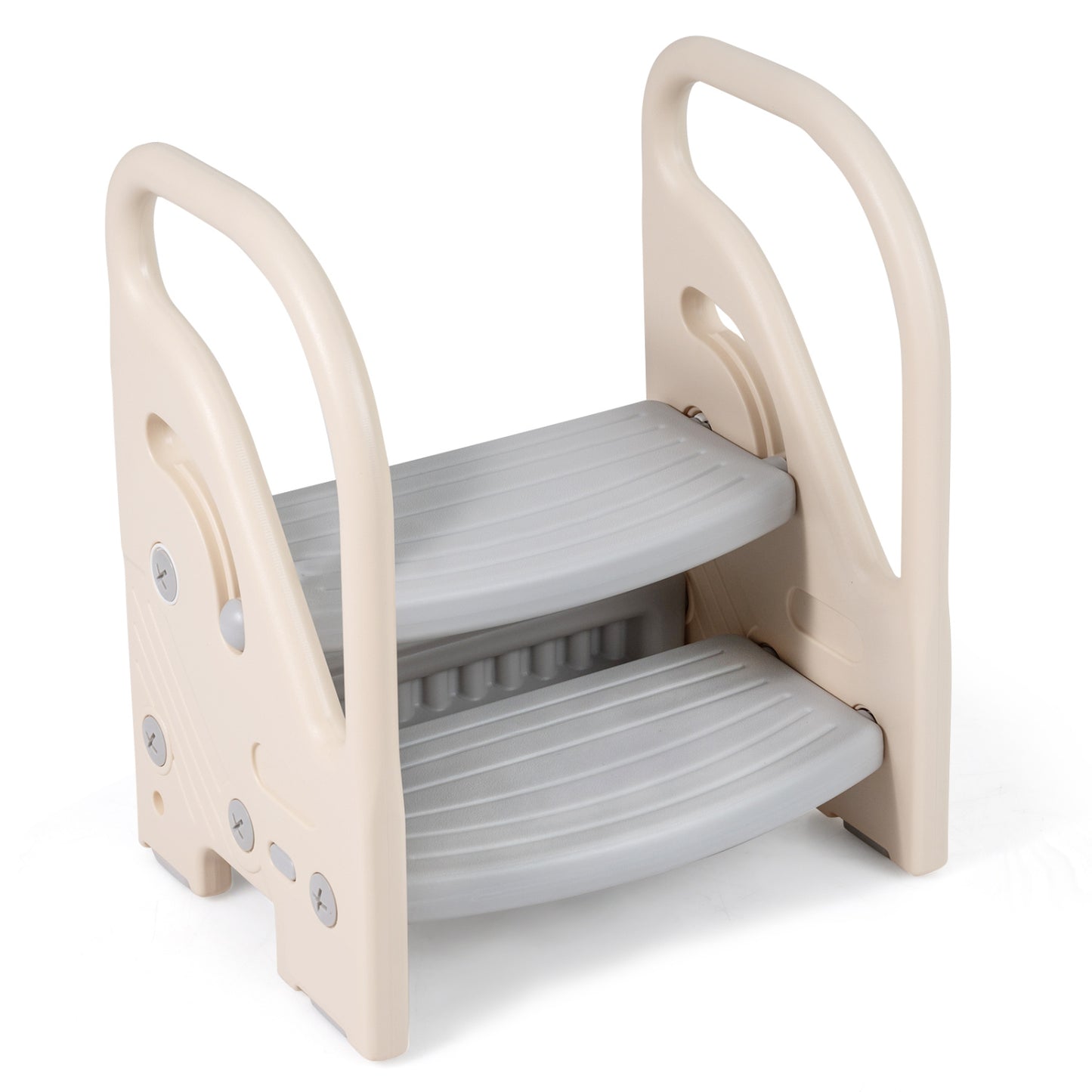 Gray adjustable 2-step kids helper stool with safety handles and non-slip pads, designed for toddler and kids' bedrooms.