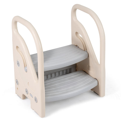 Gray adjustable 2-step kids helper stool with safety handles and non-slip pads, designed for toddler and kids' bedrooms.