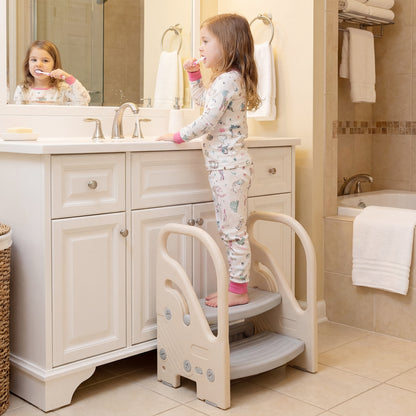 Gray adjustable 2-step kids helper stool with safety handles and non-slip pads, designed for toddler and kids furniture.