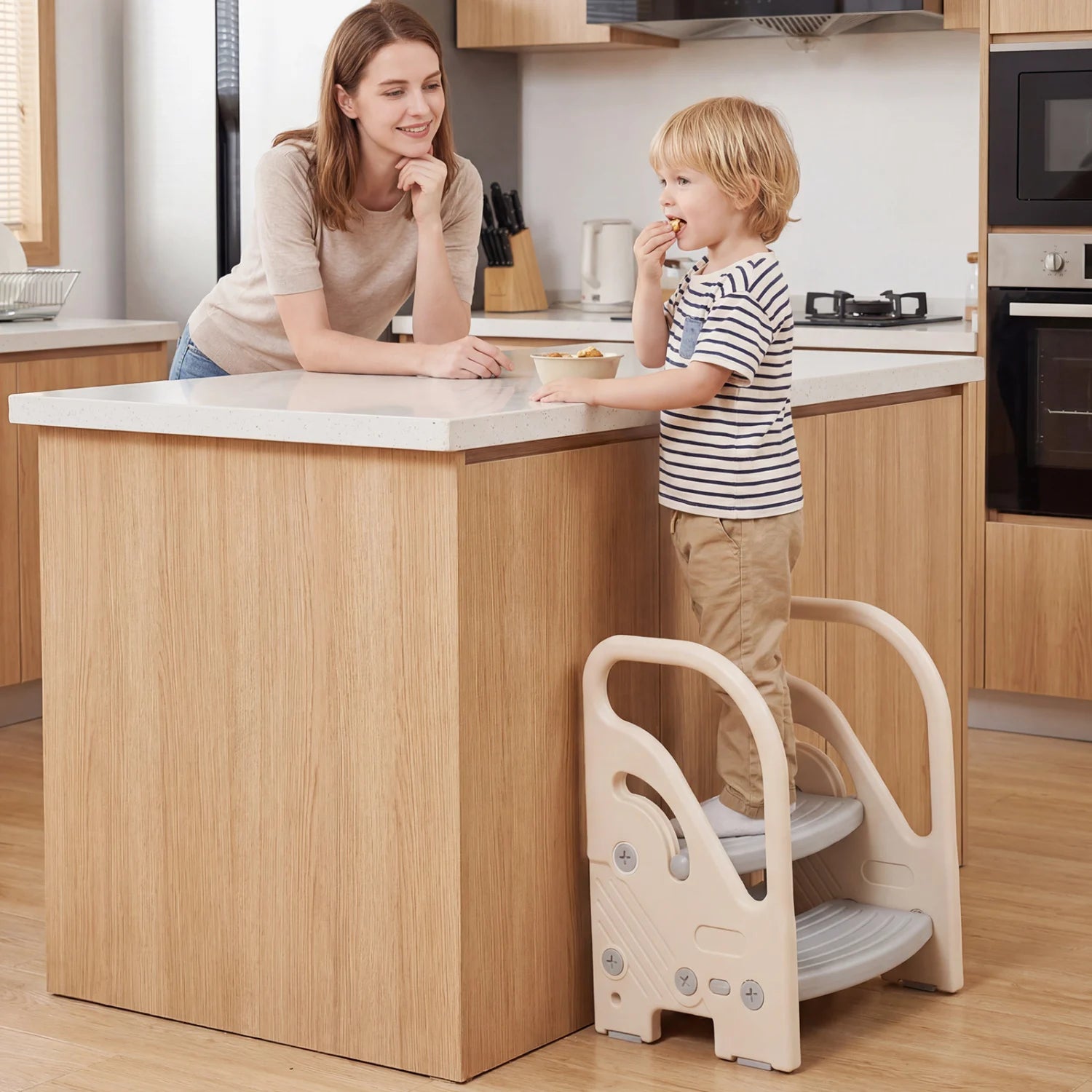 Gray adjustable 2-step kids helper stool with safety handles and non-slip pads, designed for toddler and kids bedroom use.